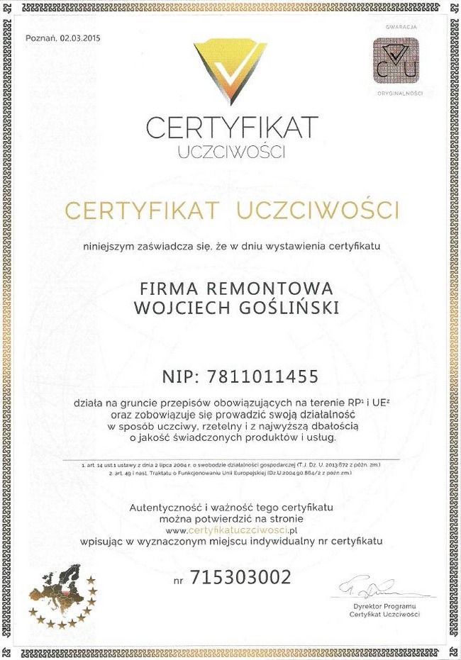 Wojciech-Goslinski-opinie-firma-remontowa-certyfikat-uczciwosci