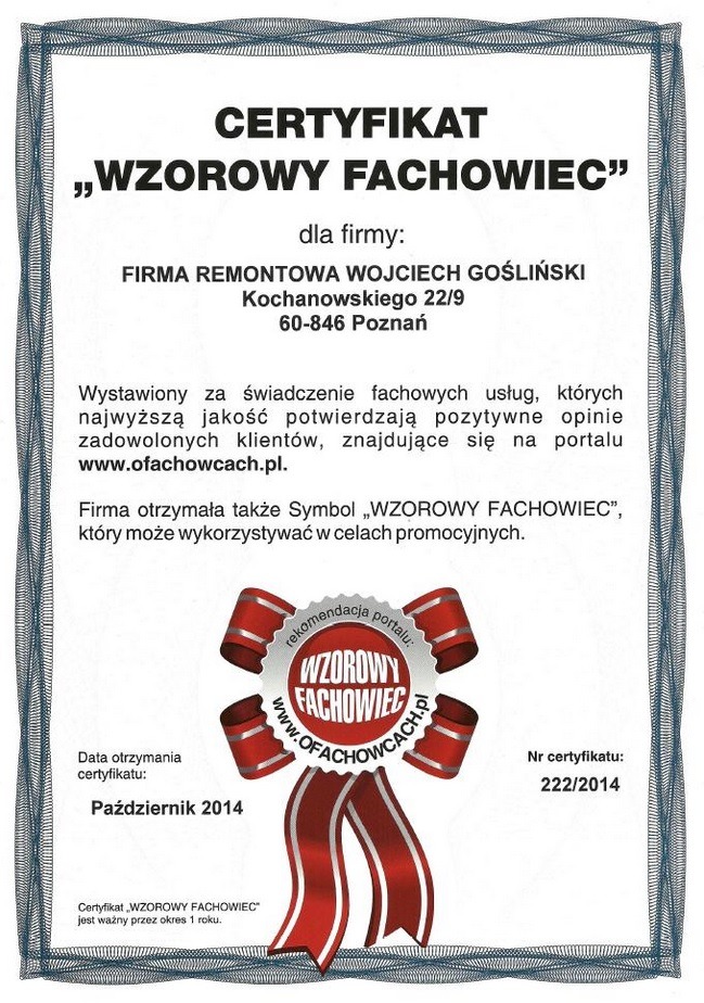 Wojciech-Goslinski-opinie-firma-remontowa-certyfikat-wzorowy-fachowiec