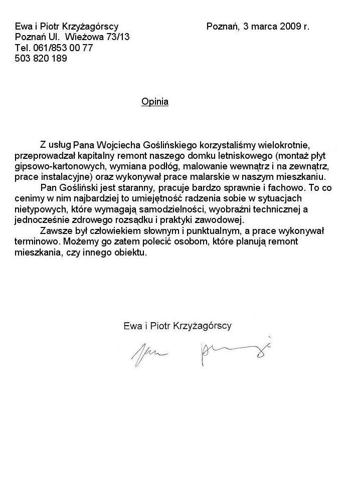 Wojciech Goslinski - referencje - Ewa i Piotr Krzyzagorscy